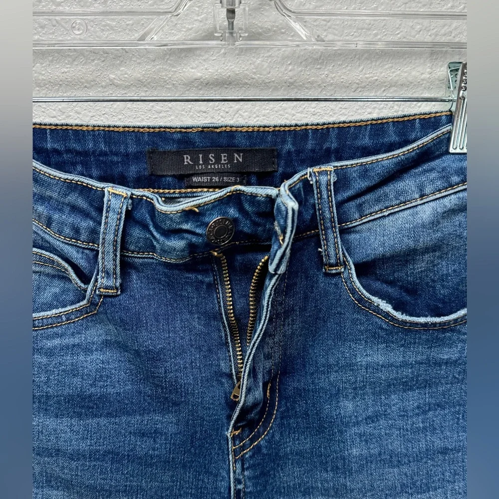 RISEN Medium Wash 26/3 Slight Distress Raw Hem Straight Leg RDP1085 Ankle - Picture 3 of 8